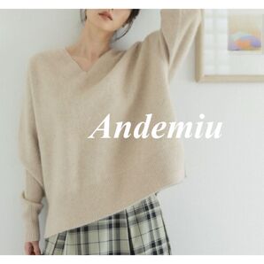 Andemiu アンデミュウトップスニットベージュラクーンコンVネックニットVニット トップス 自宅試着のみ