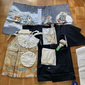 お宮参り 男の子 着物 産着 祝い着 鷹 兜 鼓 黒 金 白 3点セット