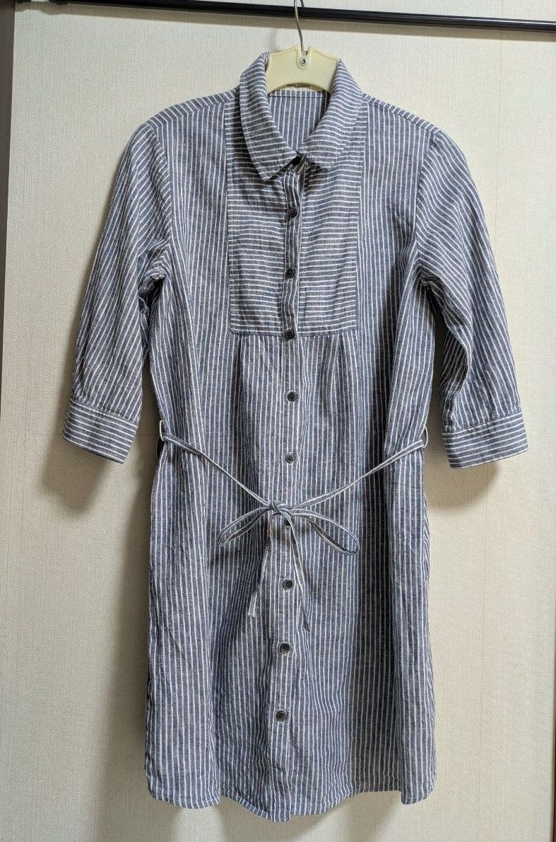 ストライプ柄シャツチュニック ウエストリボン付き 七分袖　ネイビー×オフホワイト 綿100%