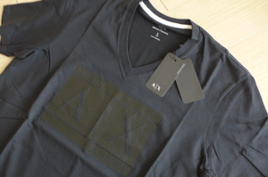 新品 送料無料 即決 国内正規品 アルマーニ エクスチェンジ Vネック 半袖 Tシャツ カットソー 黒 サイズL 同色のプリントがオシャレ♪