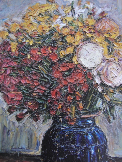 Endo Takahiro, [Herbstblumen in einer blauen Vase arrangiert], Aus einer seltenen Sammlung von Rahmenkunst, Neuer Rahmen inklusive, In guter Kondition, Porto inklusive, Japanischer Maler, Kokosnuss, Malerei, Ölgemälde, Natur, Landschaftsmalerei