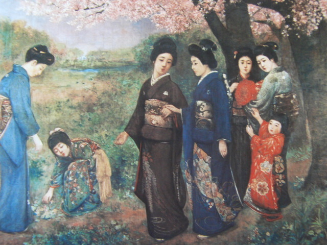 Saburosuke Okada, [Chasse aux fleurs de cerisier], Provenant d'une rare collection d'art encadrant, En bonne condition, Nouveau cadre inclus, intérieur, printemps, fleurs de cerisier, Maca, Peinture, Peinture à l'huile, Portraits