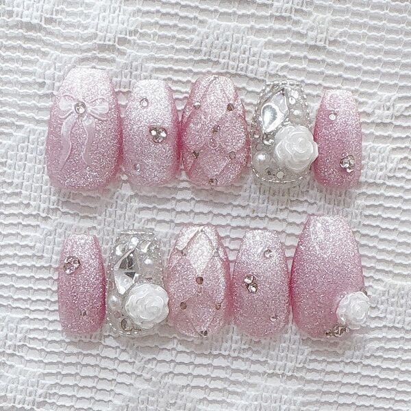 y2k 推し ちゅるん ワンホン 韓国 ガーリー マグネット ネイルチップ ガラスフレンチ ブルー ピンク 薔薇