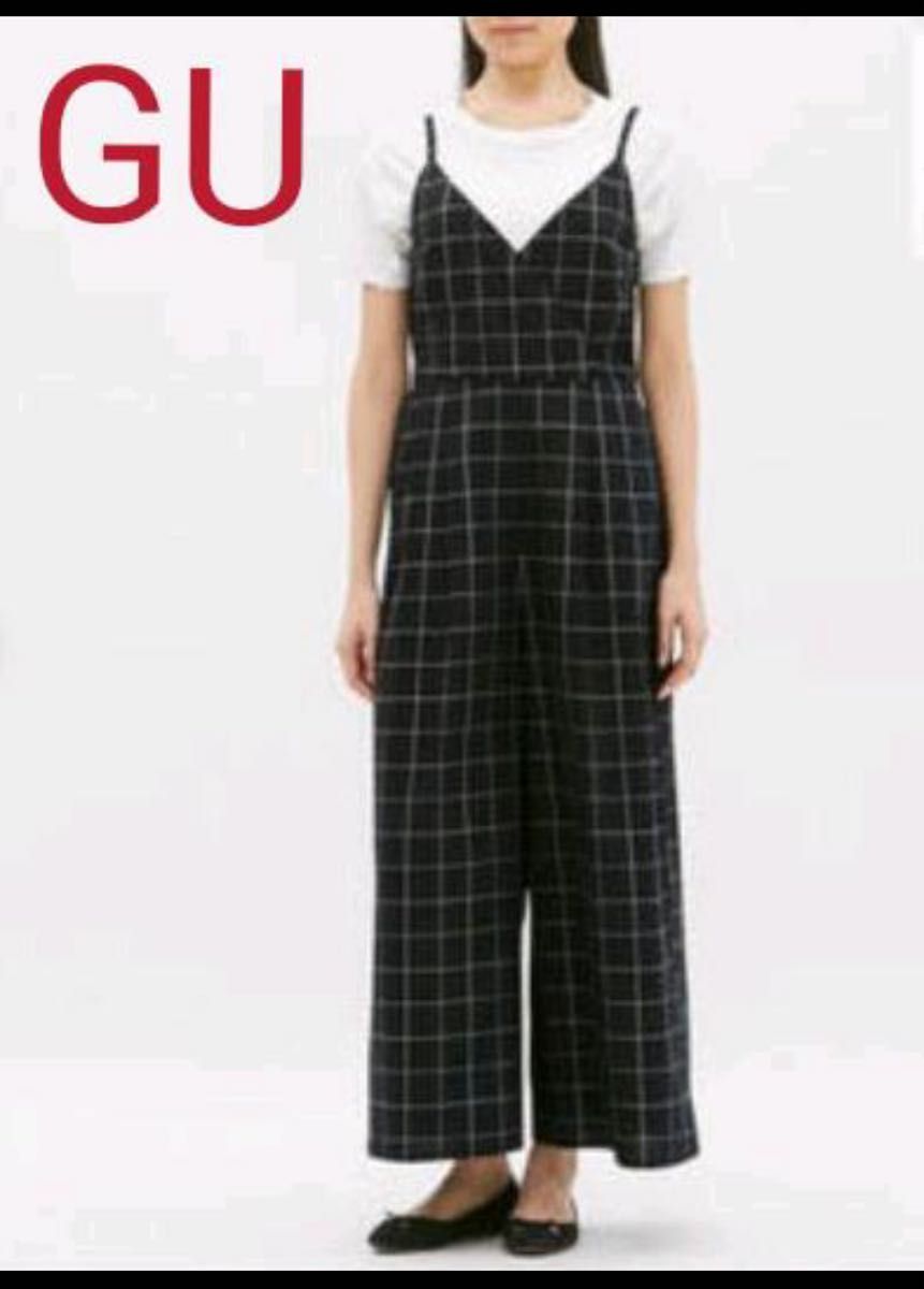 GU ジーユー キャミソール オーバーオール サロペット ワイドパンツ 黒 ブラック　M チェック柄　ワイドパンツ レディース