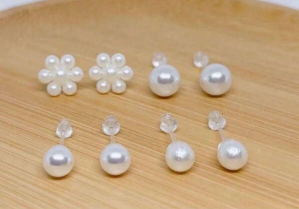 【720】パール系樹脂ピアス4ペア アレルギー対応 ポストピアス シンプル一粒デザイン オケージョン お呼ばれ フラワー 真珠