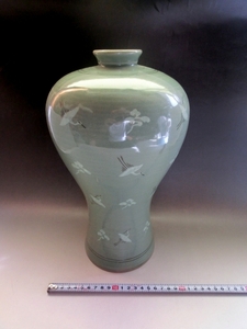 花瓶●青磁「青松」鶴の絵 高麗青磁 花器 花生け 大きい 古美術 時代物 骨董品■