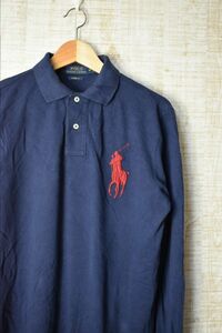 ☆US古着 Polo Ralph Lauren ラルフローレン ビッグポニーロゴ刺繍 ポロシャツ 長袖 ロング ネイビー紺【M】鹿の子　　　　　◆2650◆