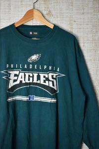 ☆ビッグサイズ US古着 NFL イーグルス アメフト プリント ロング 長袖 Tシャツ グリーン緑【XL】コットン　　　　　◆2676◆