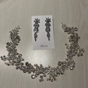 結婚式 ヘッドドレス・ピアス セット シルバー