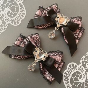 ハートドロップダブルレースリボン ピンク ヘアクリップ 量産型 地雷 ゴスロリ ロリータ 天使界隈