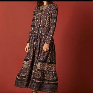 sea new york 刺し子刺繍 フラワープリント レース 長袖 ロング ワンピース 秋色