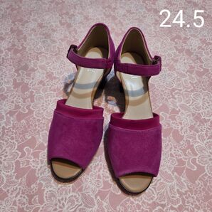 パープル コンフォートサンダル フレックスヒールレザーサンダル 24.5 フィットフィット 太ヒール ピンク サンダル