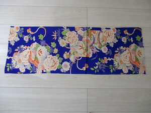 ◆アンティーク　古布錦紗縮緬　青系　３５ｃｍ×９９ｃｍ◆お細工　押し絵　木目込み　日本人形等にも◆貝桶　菊　牡丹　蘭　紅葉等図◆　