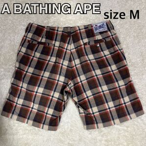 A BATHING APE ショートパンツ M コットン RED 赤 ブラウン チェック エイプ