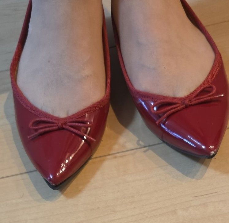 Sサイズエナメル リボン フラットシューズ パンプス ポインテッドトゥ