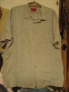 2009MAXIMOSプリーツ・刺繍キューバシャツXLオープンカラー開襟ボックスBOXビンテージBIGビッグ サイズ シルエットUSED古着