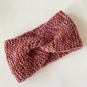 No.380 ニットヘアバンド ピンク&ブラウン 引き揃え ヘアバンド ハンドメイド 手編み オリジナルデザイン ターバン レトロ