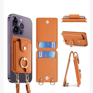 Android スマホケース カード収納 iPhoneケース リング付き スタンド機能 ブラウン キャメル