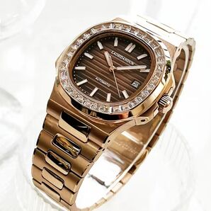 【新品未使用】 自動巻き 腕時計ローズゴールドコーヒービジネスウォッチサファイアガラス機械式防水