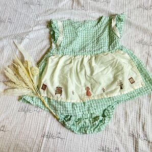 ママラク ミントチェックエプロン風 ロンパース ワンピース 80サイズ 女の子 綿100%
