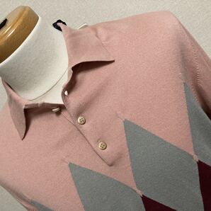 新品 バランタインカシミア(英) 極上コットンカシミア素材のポロカラーニット長袖50 上品なピンクにアーガイル 定価12.6万円