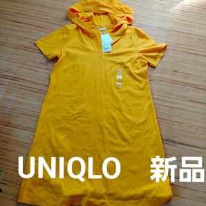 9UNIQLOユニクロ フーデッドTドレス ロングTシャツ 半袖パーカー 黄色イエロー 山吹色 レディスМ 新品未使用 ボーダー