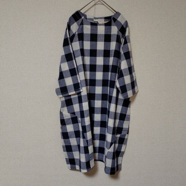 紺+白大きめ ギンガムチェック 七分袖 チェニック ワンピース L