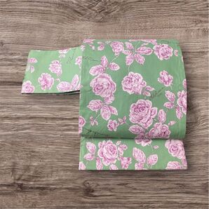 ☆新品Handmade☆名古屋帯 『ローズガーデン(グリーン)×ドット』 名古屋帯 ハンドメイド 和装小物 ruban