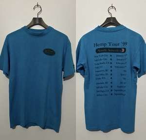 希少 90's ビンテージ☆MANASTASH マナスタッシュ HEMP TOUR 99 半袖Tシャツ S 青 ターコイズブルー 1999年 麻