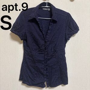 apt.9 ブラック×パープル ストライプ 半袖シャツ【S】 シャーリングデザイン