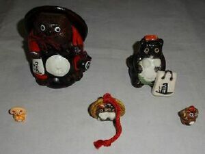  Vintage Shigaraki .... ornament . luck .. thing .... quotient ... better fortune luck with money ceramics other 5 point set together 