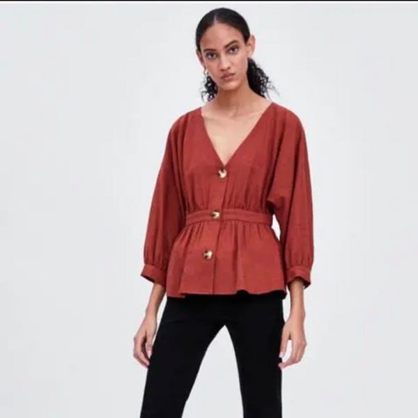 ZARA ザラ コントラスト ボタン ポプリン シャツ ブラウス トップス