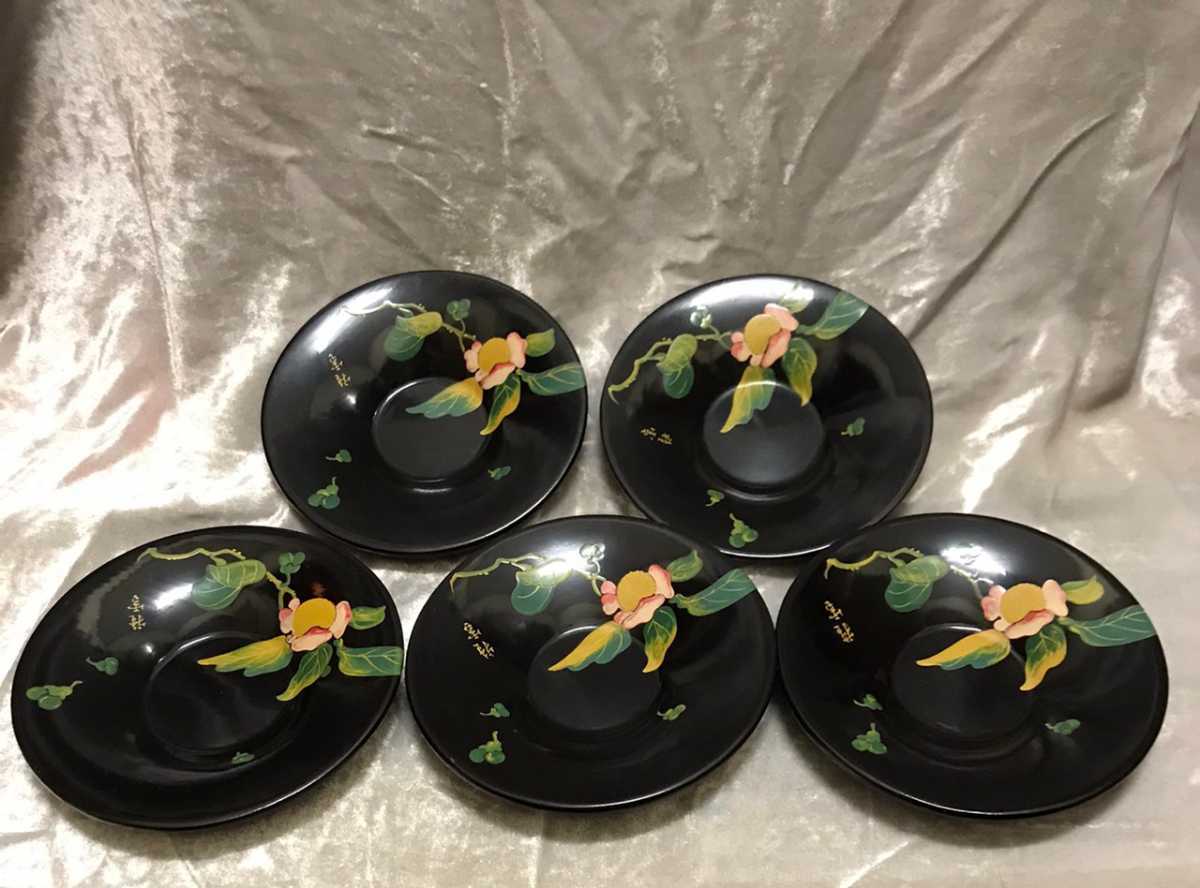 漆器・蒔絵】蒔絵花草文茶托 5客セット 銘々皿 椿文 黒漆 骨董品