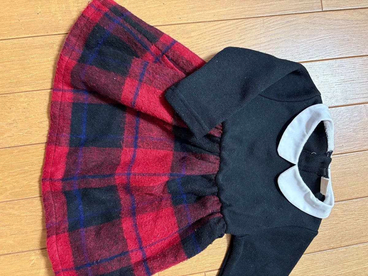 petit main ベビーワンピース 襟付き 長袖 チェック柄 90cm