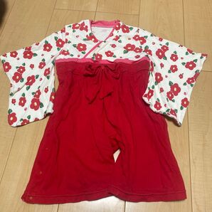 袴 ロンパース サイズ90 赤 椿 正月 お詣り お宮参り お食い初め セレモニー 綿100