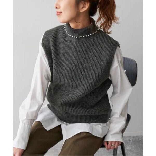 Spick & Span スピックアンドスパン パールハイネックニットベスト 2024AW 秋冬 パール畦ニット タートルネック