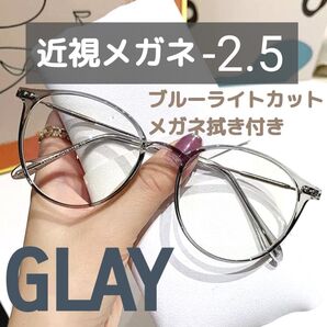 近視メガネ -2.5 グレー 近視用 度入りメガネ ブルーライトカット 男女兼用