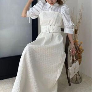 dazzlin ベルト付き ショルダーリボンジャカードワンピース アイボリー S 半袖