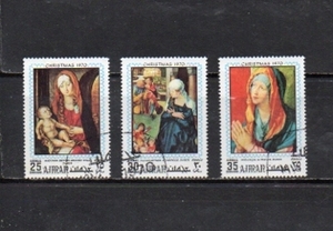 Art hand Auction 209202 Arab Truce State Ajman 1970 Christmas Albrecht Dürer Painting (1) 25Dh, 30Dh, 35Dh Complete set of 3, used, antique, collection, stamp, Postcard, Asia