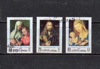 209203 Arabischer Waffenstillstand Ajman 1970 Weihnachten Albrecht Dürer Gemälde (2) 50Dh, 70 Dh, 85Dh 3 Typen komplett gebraucht, Antiquität, Sammlung, Briefmarke, Postkarte, Asien