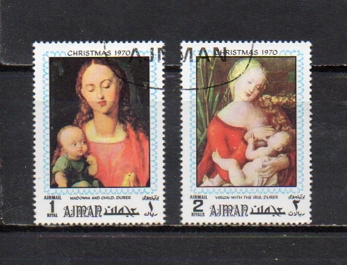 209204 Arab Armistice Land Country Ajman 1970 Christmas Painting by Albrecht Durer (3) 1R, 2R 2 types complete used, antique, collection, stamp, postcard, Asia