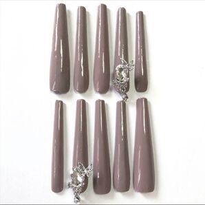 スーパーロング ネイルチップ 5XL ペールブラウン 鬼ロング バタフライ ストーン ドロップ チャーム つけ爪