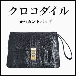 クロコダイル セカンドバック 黒 ブラック メンズ レディース 艶有り