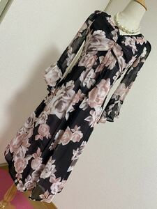 MATERIA MILANO Materia milano * chiffon rose pattern Flare One-piece 38, used beautiful goods 