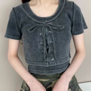 WEGO ヴィンテージライクレースアップTシャツ 半袖 トップス y2k 韓国