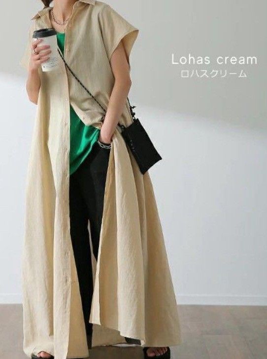 レディース秋重ね着半袖綿麻シャツロングワンピース ライトベージュ FREE 前開き ゆったり 体型カバー 