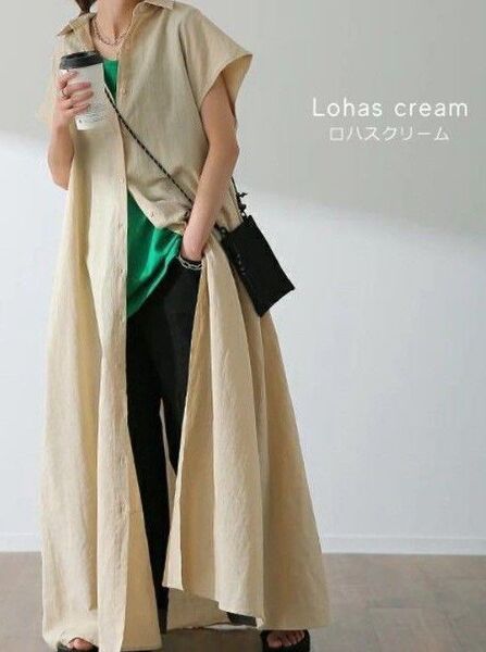レディース秋重ね着半袖綿麻シャツロングワンピース ライトベージュ FREE 前開き ゆったり 体型カバー