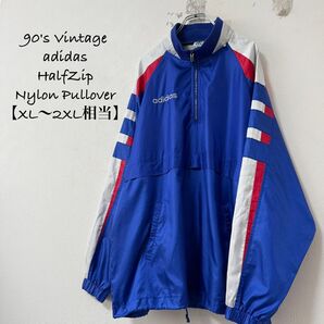 90s★adidas/アディダス★デサント★ハーフジップ★ナイロン★青赤白★XL Vintage/ビンテージ プルオーバー
