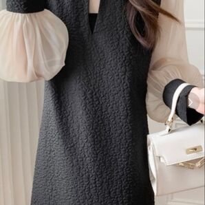 ふくれジャガード異素材シアースリーブ長袖キーネックワンピース