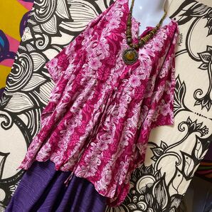 12-13◆ハイビスカス柄 ポンチョ プルオーバー エスニック アジアン